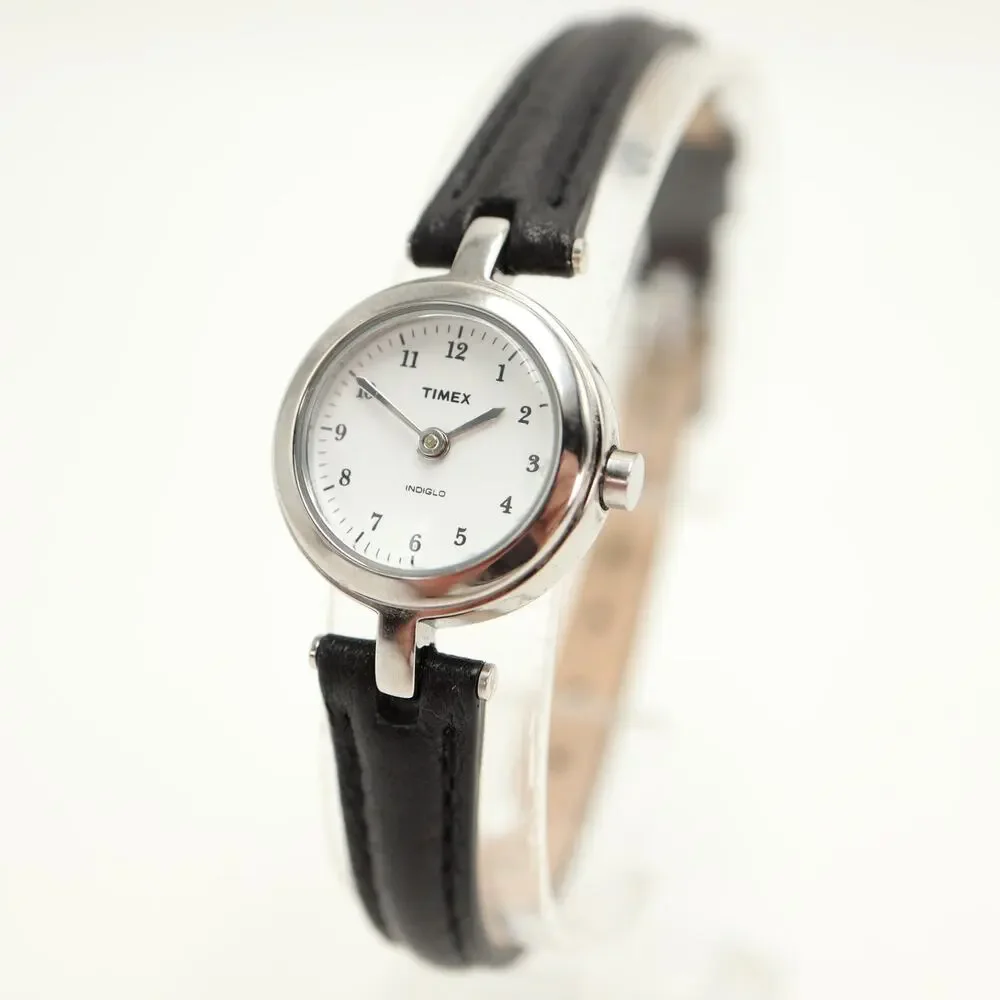 Timex Indiglo Petite 21mm Silver Tone Womens Watch Black Leather w New Battery